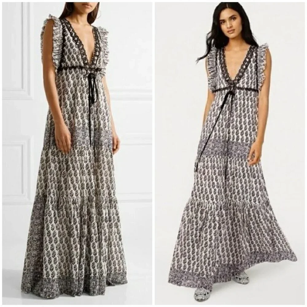 💕TORY BURCH Amita Appliquéd Printed Cotton Maxi Dress Ivory Guru Border Print 0